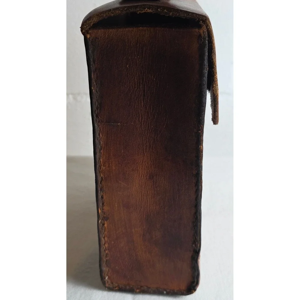 Vintage Handmade Leather Satchel Boxy Field Bag Cognac Brown Hand Stitched